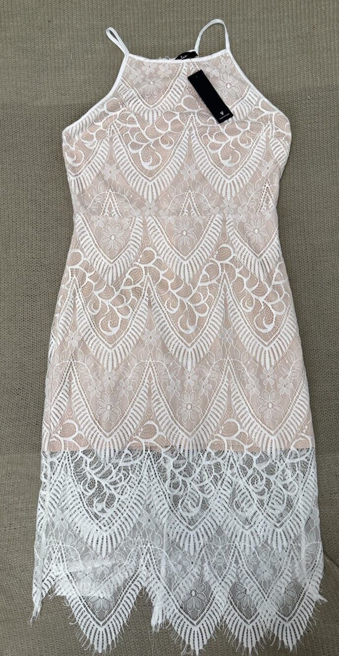 Lulu's White Floral Lace Sheath Knee Length Dress Sleeveless M Bridal Wedding